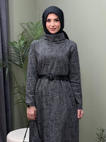 DEGAJE YAKA JAKARLI KEMERLİ  ELBİSE GRİ