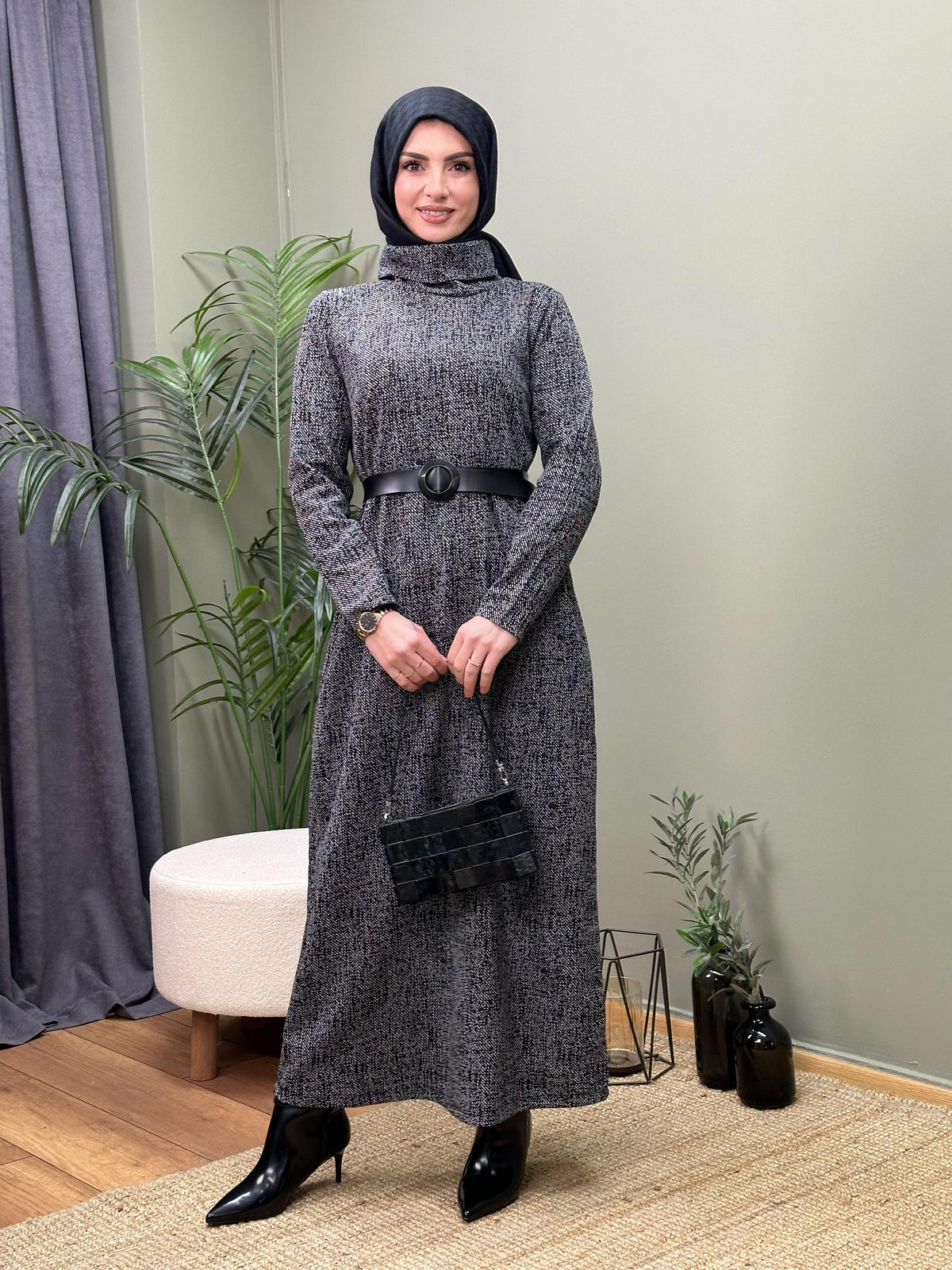 DEGAJE YAKA JAKARLI KEMERLİ  ELBİSE GRİ