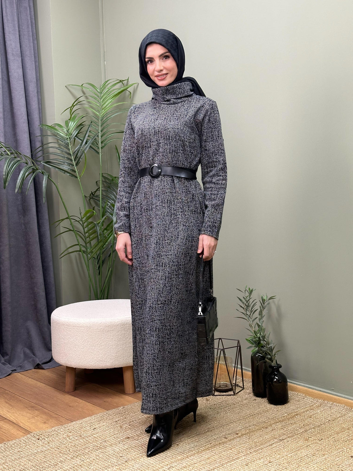 DEGAJE YAKA JAKARLI KEMERLİ  ELBİSE GRİ