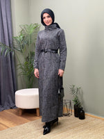DEGAJE YAKA JAKARLI KEMERLİ  ELBİSE GRİ