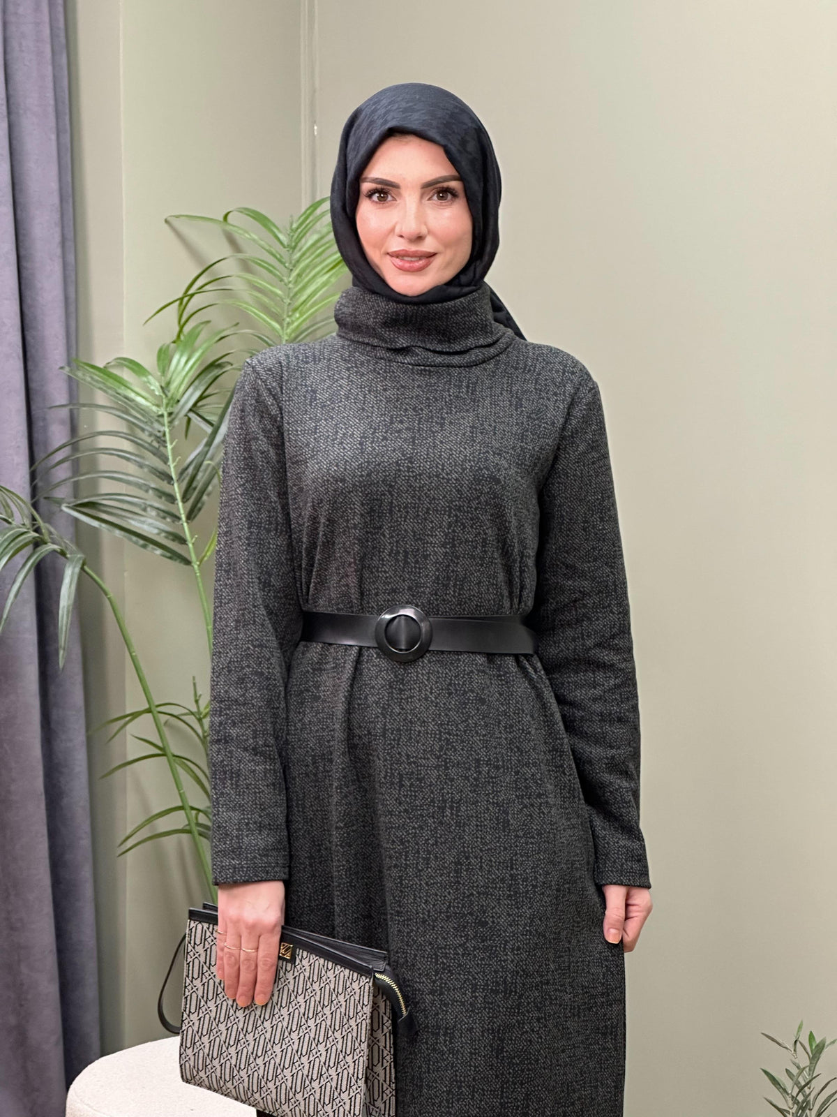DEGAJE YAKA JAKARLI KEMERLİ  ELBİSE HAKİ