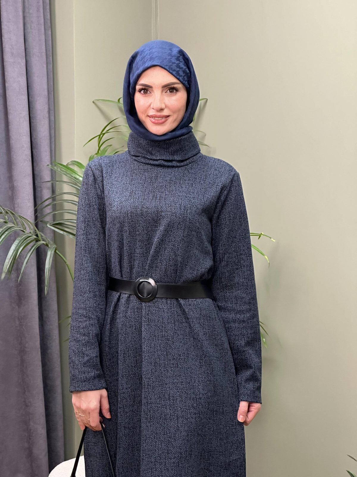 DEGAJE YAKA JAKARLI KEMERLİ  ELBİSE LACİVERT