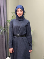 DEGAJE YAKA JAKARLI KEMERLİ  ELBİSE LACİVERT