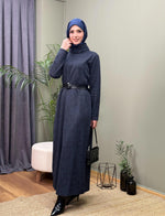DEGAJE YAKA JAKARLI KEMERLİ  ELBİSE LACİVERT