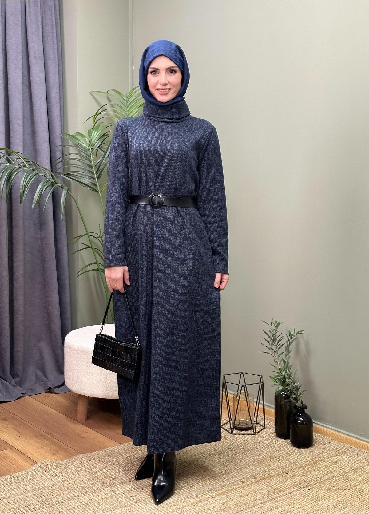 DEGAJE YAKA JAKARLI KEMERLİ  ELBİSE LACİVERT