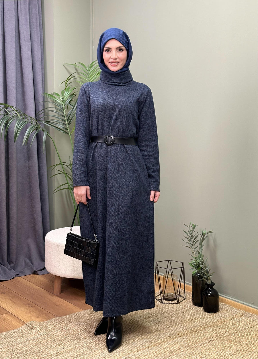 DEGAJE YAKA JAKARLI KEMERLİ  ELBİSE LACİVERT