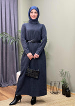 DEGAJE YAKA JAKARLI KEMERLİ  ELBİSE LACİVERT