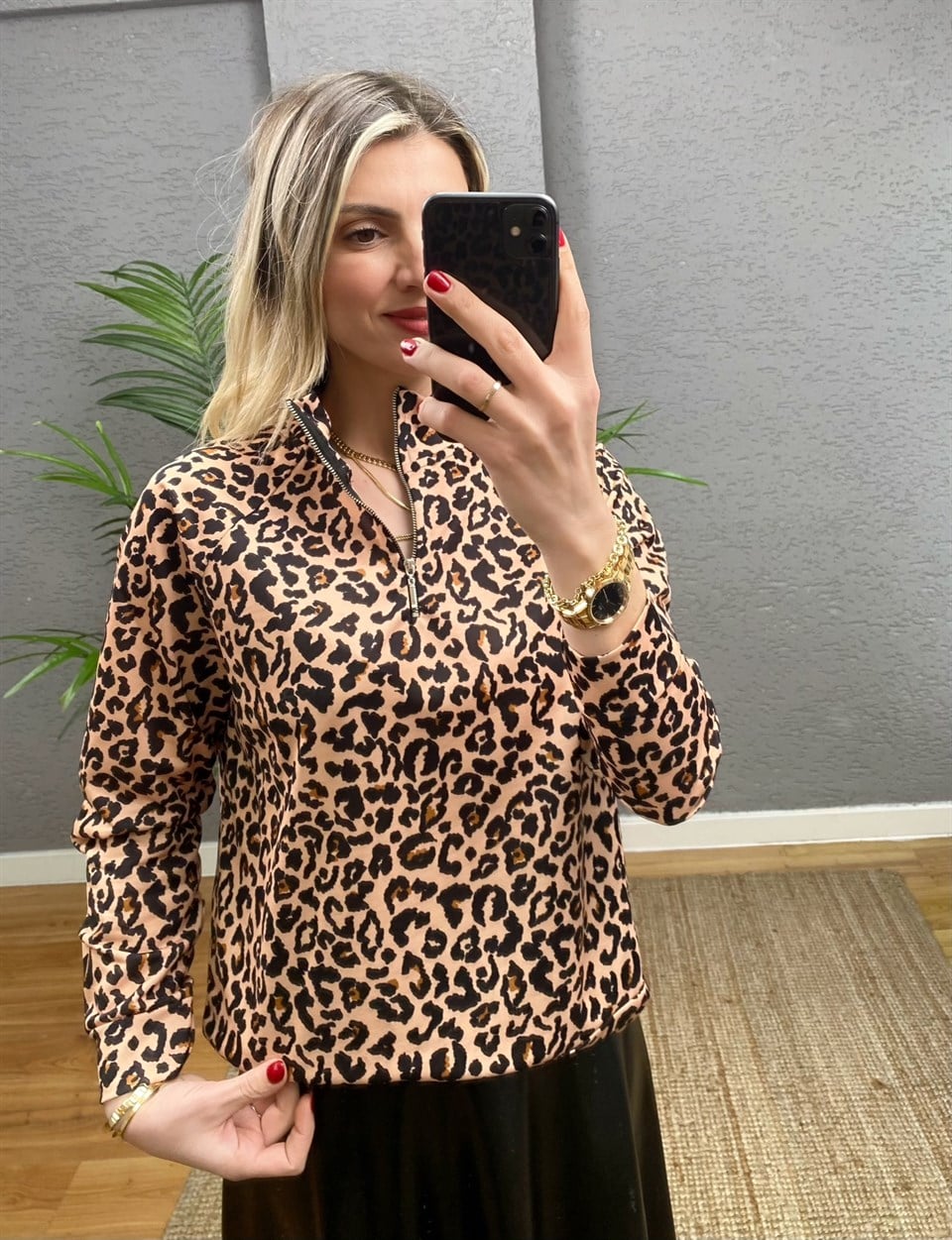 DERİ ETEK VE LEOPAR DESEN FERMUARLI BLUZ TAKIM
