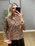 DERİ ETEK VE LEOPAR DESEN FERMUARLI BLUZ TAKIM