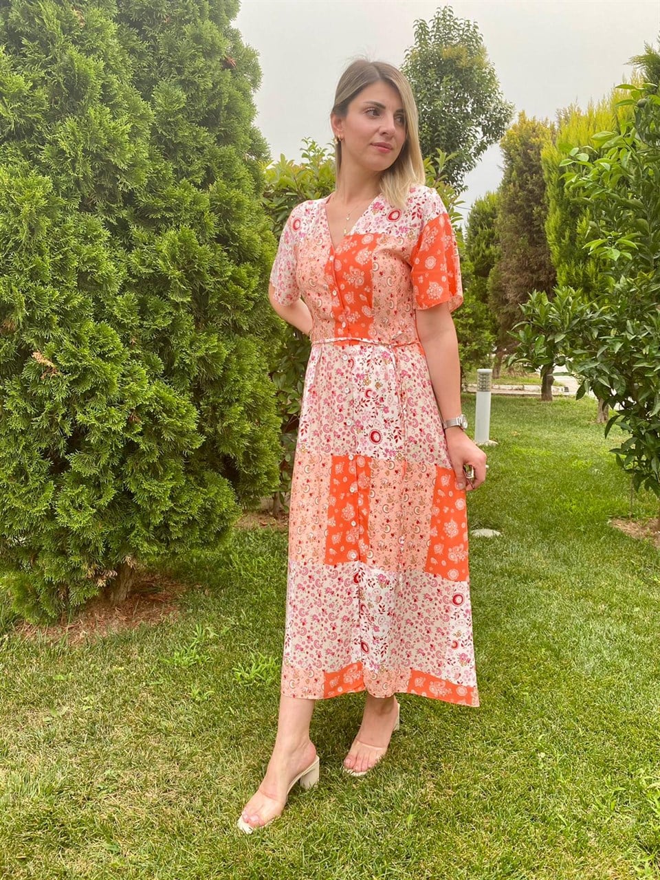 DESENLİ BEL BAĞLAMALI GÖMLEK ELBİSE