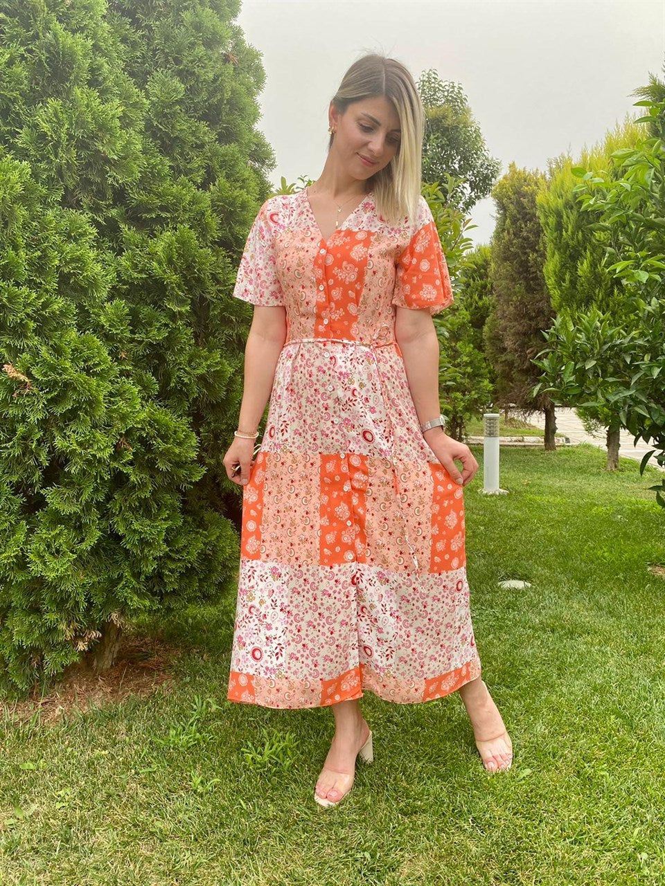 DESENLİ BEL BAĞLAMALI GÖMLEK ELBİSE