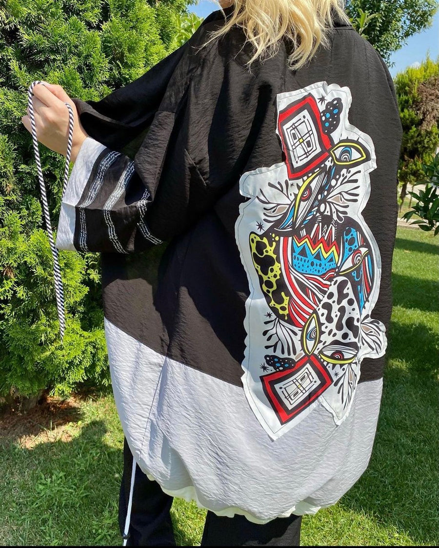 DESENLİ OVERSİZE KAFTAN SİYAH