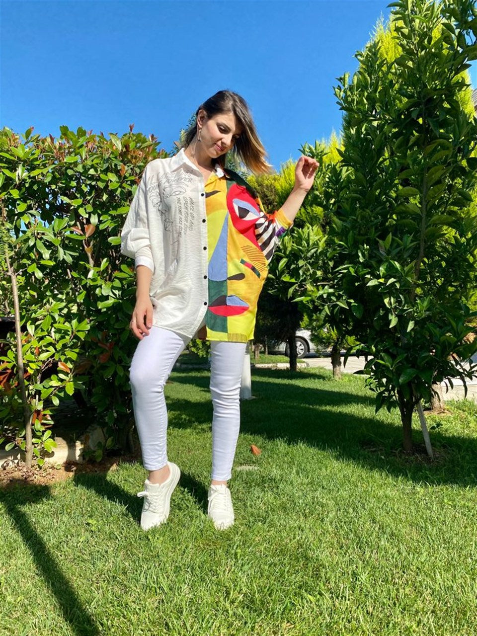 Desenli ve Meçli Oversize Gömlek Beyaz