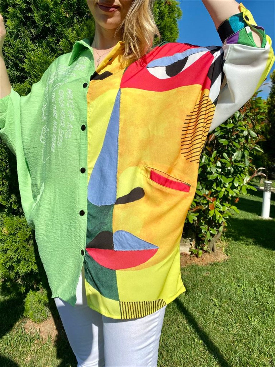 Desenli ve Meçli Oversize Gömlek Yeşil