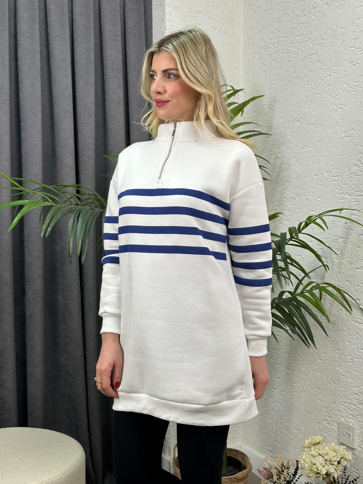 DİK YAKA FERMUARLI ÜÇ İPLİK SWEATSHIRT MAVİ