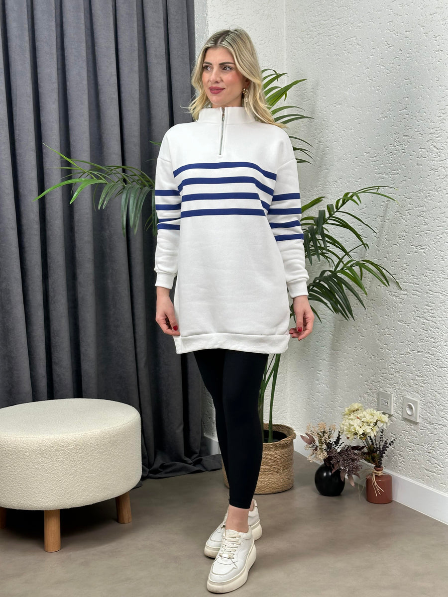 DİK YAKA FERMUARLI ÜÇ İPLİK SWEATSHIRT MAVİ