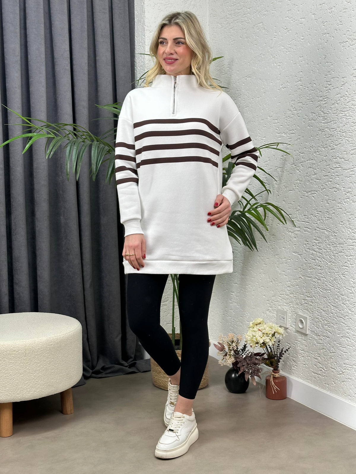 DİK YAKA FERMUARLI ÜÇ İPLİK SWEATSHIRT KAHVE