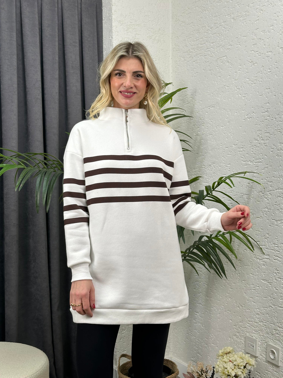 DİK YAKA FERMUARLI ÜÇ İPLİK SWEATSHIRT KAHVE