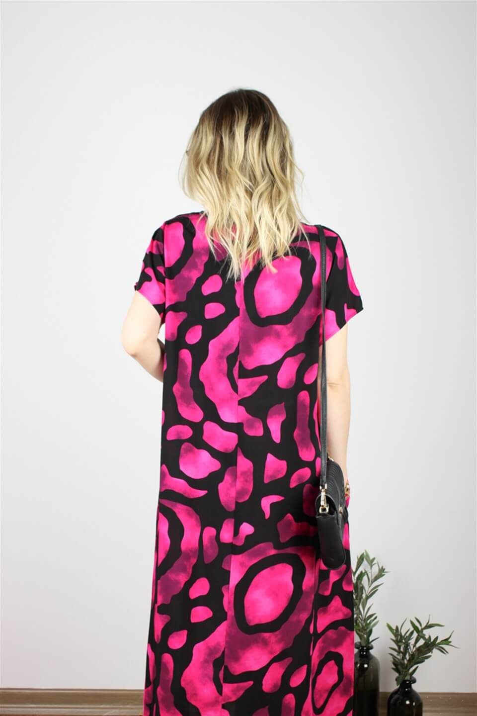 DOKUMA PAMUK VİSKON ELBİSE PEMBE