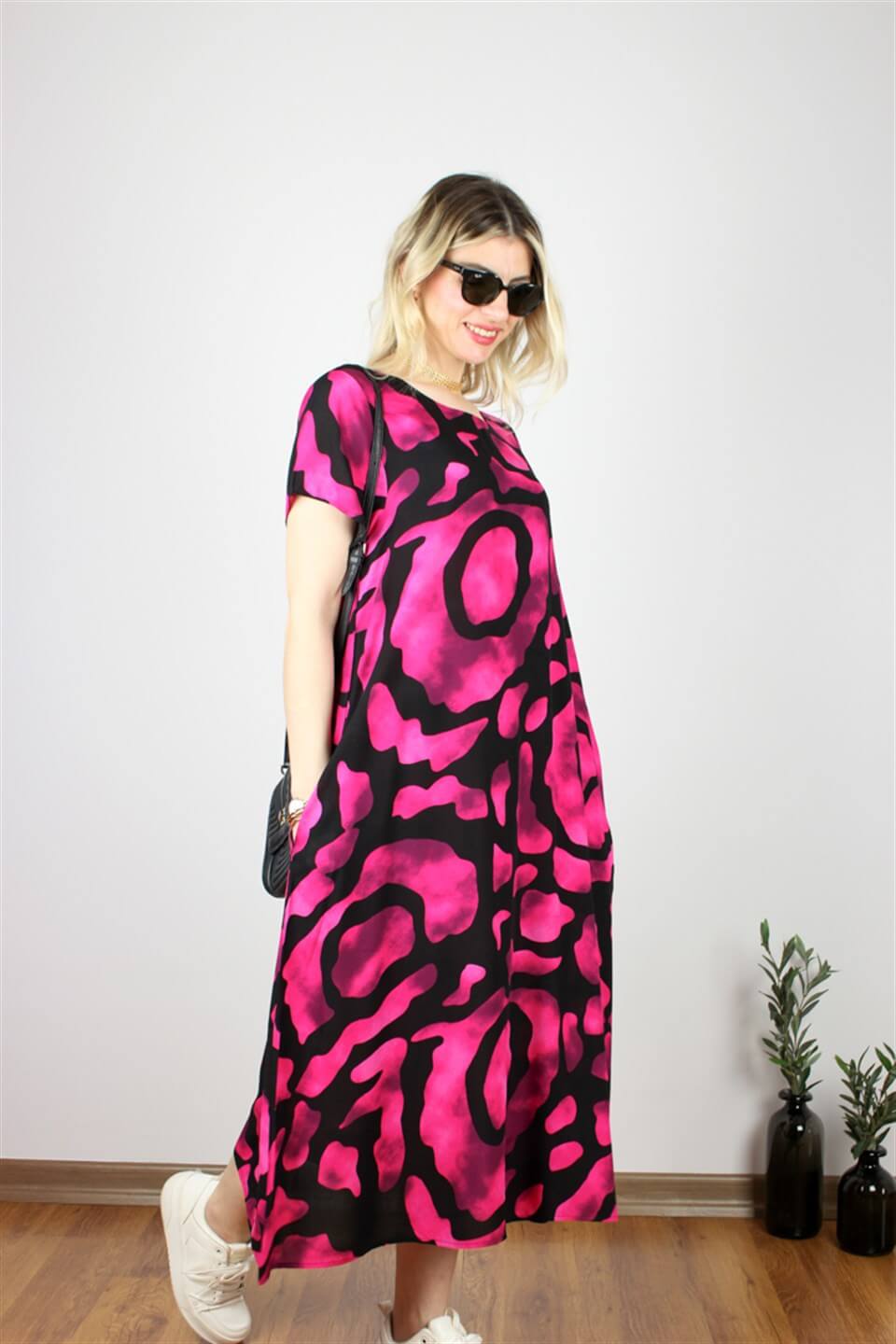 DOKUMA PAMUK VİSKON ELBİSE PEMBE