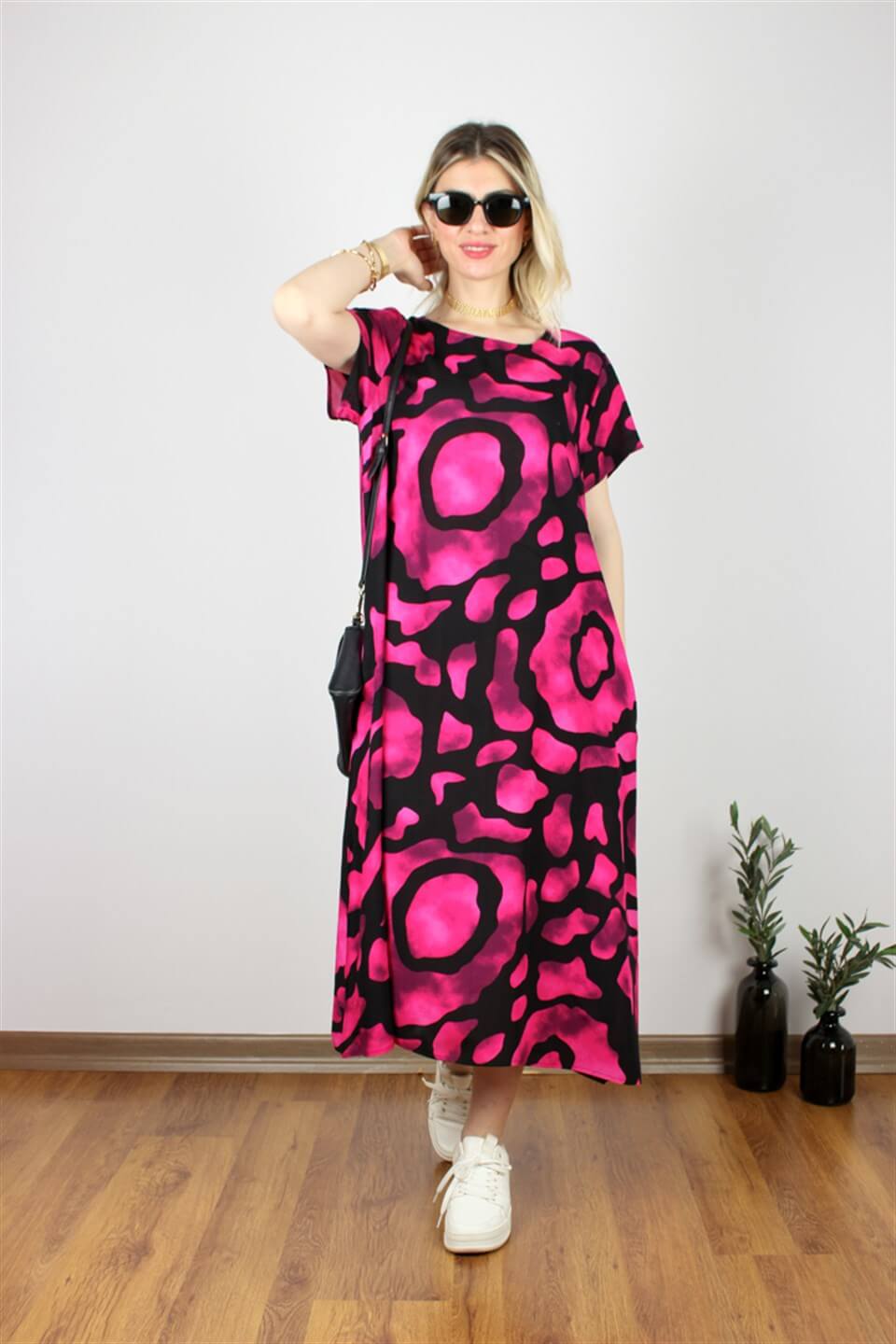 DOKUMA PAMUK VİSKON ELBİSE PEMBE