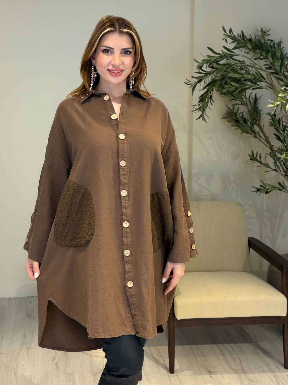 AceSo Atelier | Natura Fisto Keten Gabardin Tunik Kahve