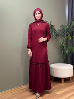 ETEK FIRFIRLI MAKSİ BOY FİTİLLİ ELBİSE BORDO