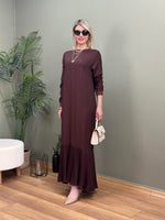 ETEK PLİSELİ KOL RİBANA PAMUK VİSKON ELBİSE KAHVE