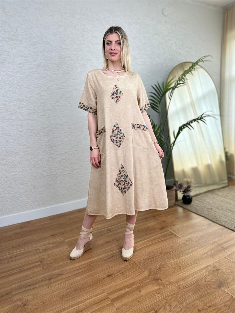 ETNİK DESEN YIKAMALI PAMUK KETEN ELBİSE VİZON