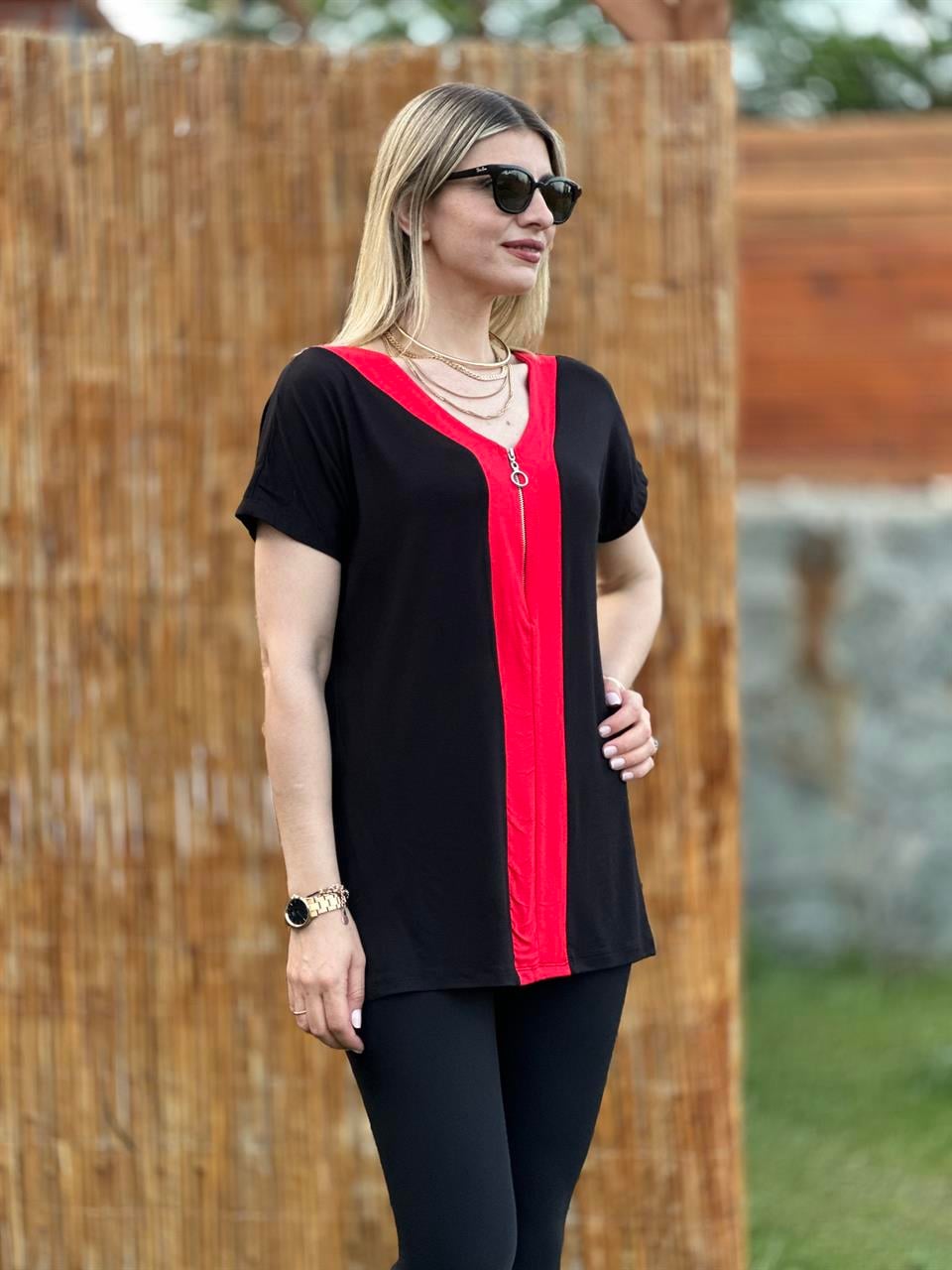FERMUARLI BLUZ SİYAH KIRMIZI