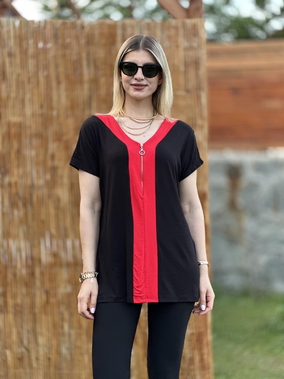 FERMUARLI BLUZ SİYAH KIRMIZI