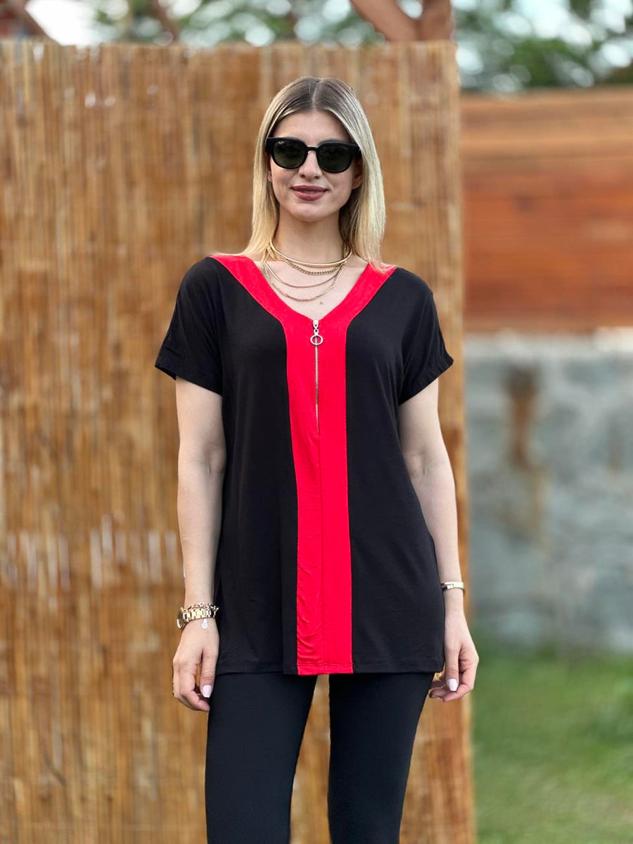 FERMUARLI BLUZ SİYAH KIRMIZI