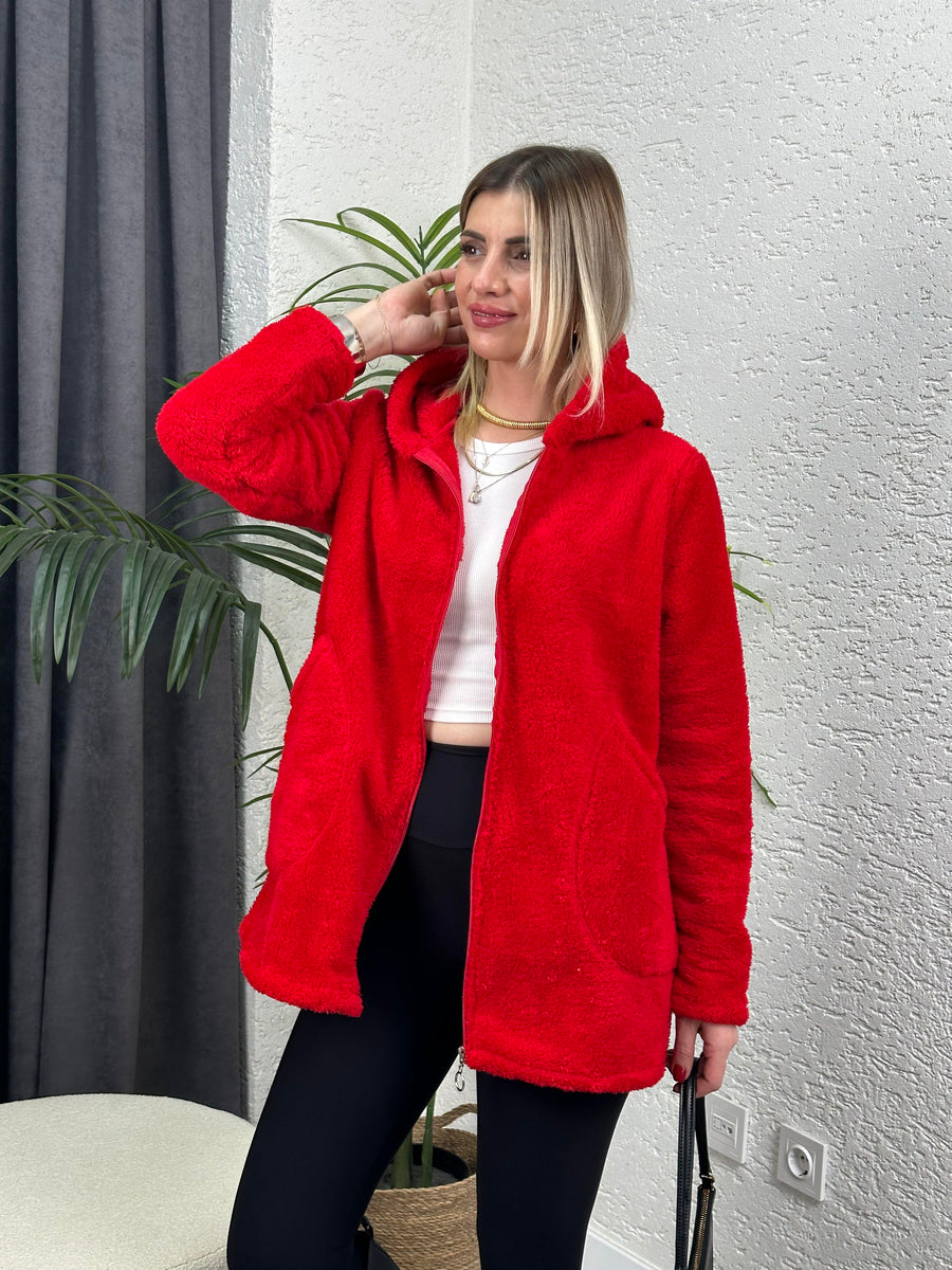 FERMUARLI PELUŞ HIRKA KIRMIZI