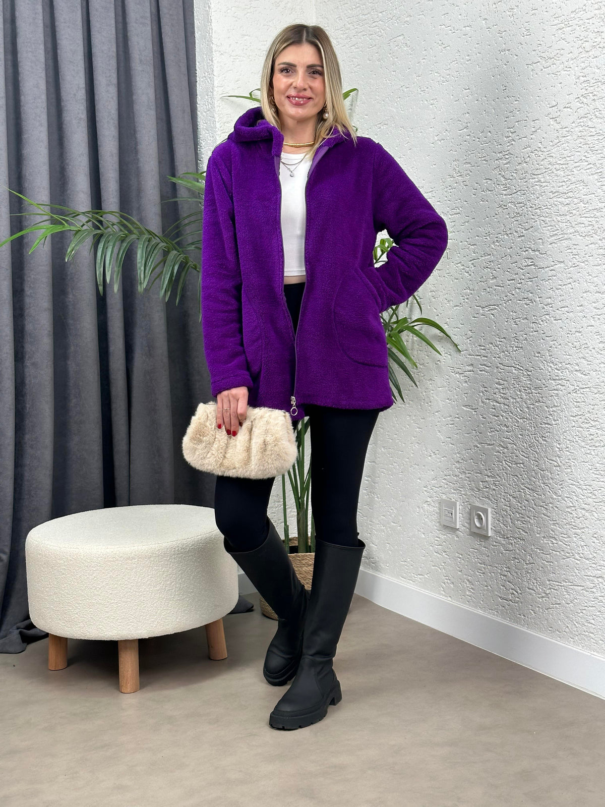 FERMUARLI PELUŞ HIRKA MOR