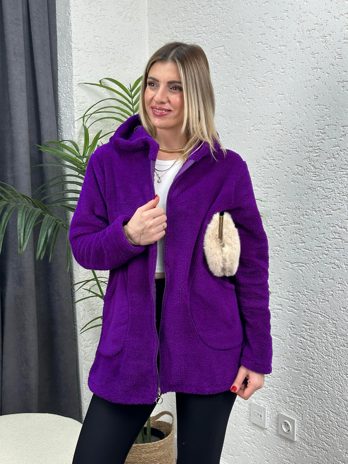 FERMUARLI PELUŞ HIRKA MOR