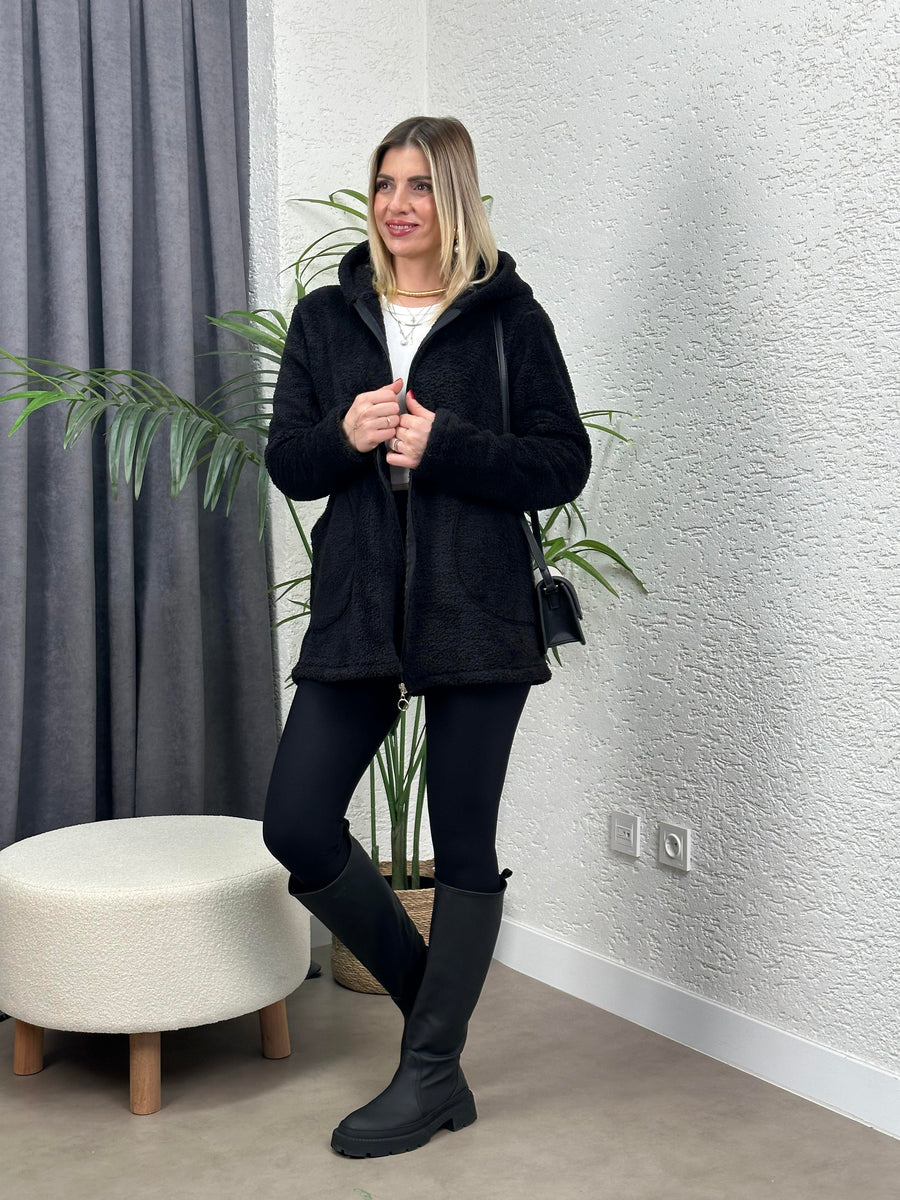 FERMUARLI PELUŞ HIRKA SİYAH