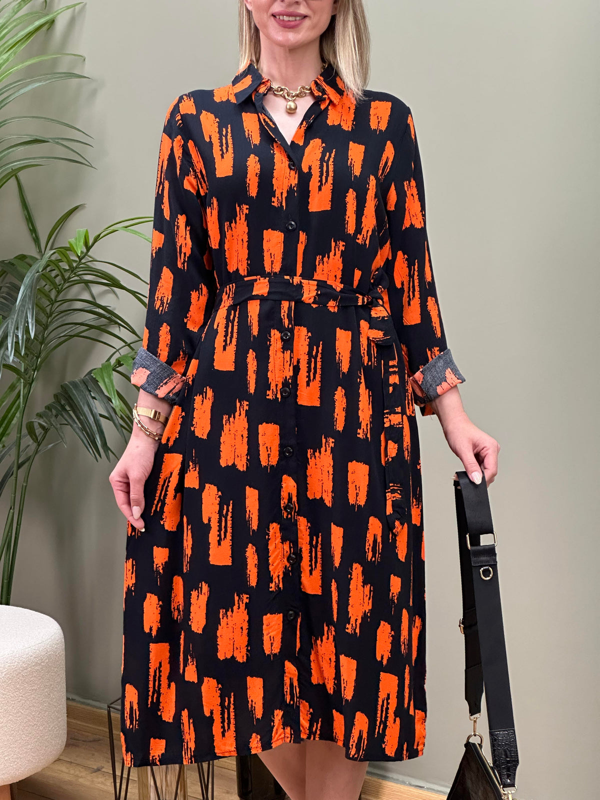 FIRÇA DESEN KUŞAKLI GÖMLEK TUNİK SİYAH TURUNCU