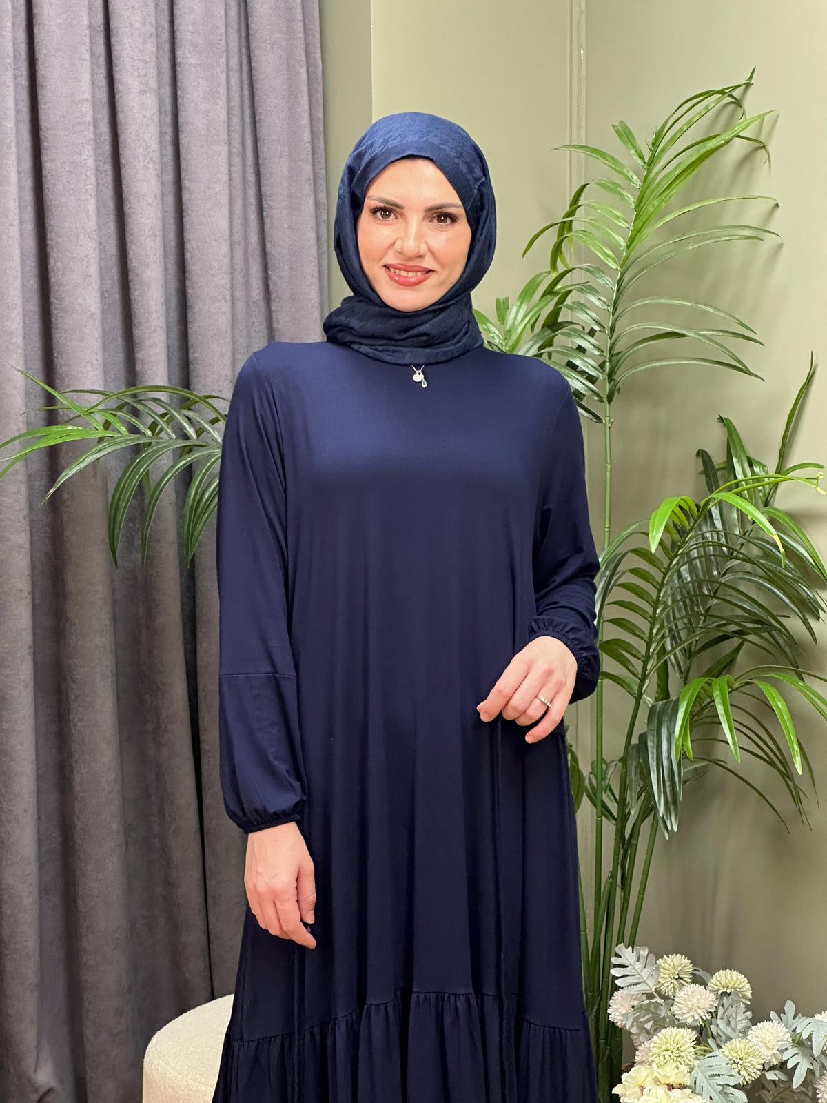 FIRFIRLI KUŞAKLI PAMUKLU LACİVERT ELBİSE