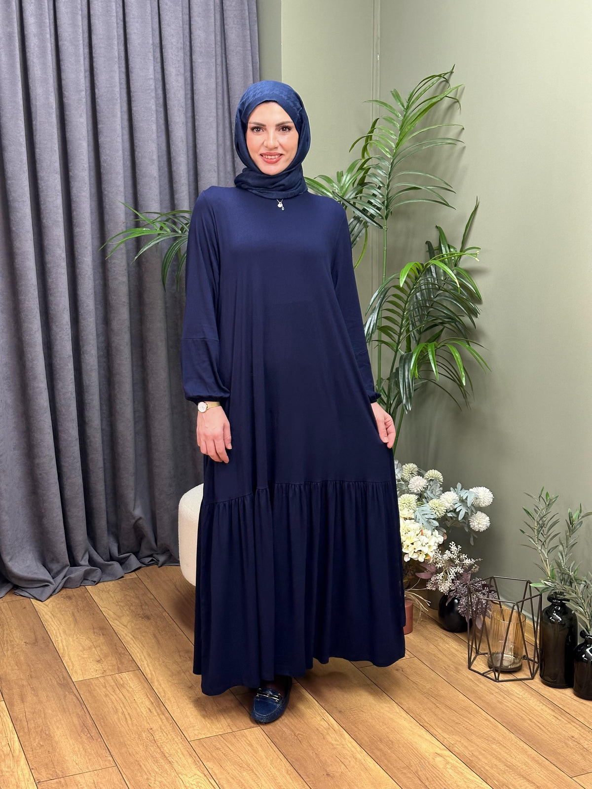 FIRFIRLI KUŞAKLI PAMUKLU LACİVERT ELBİSE