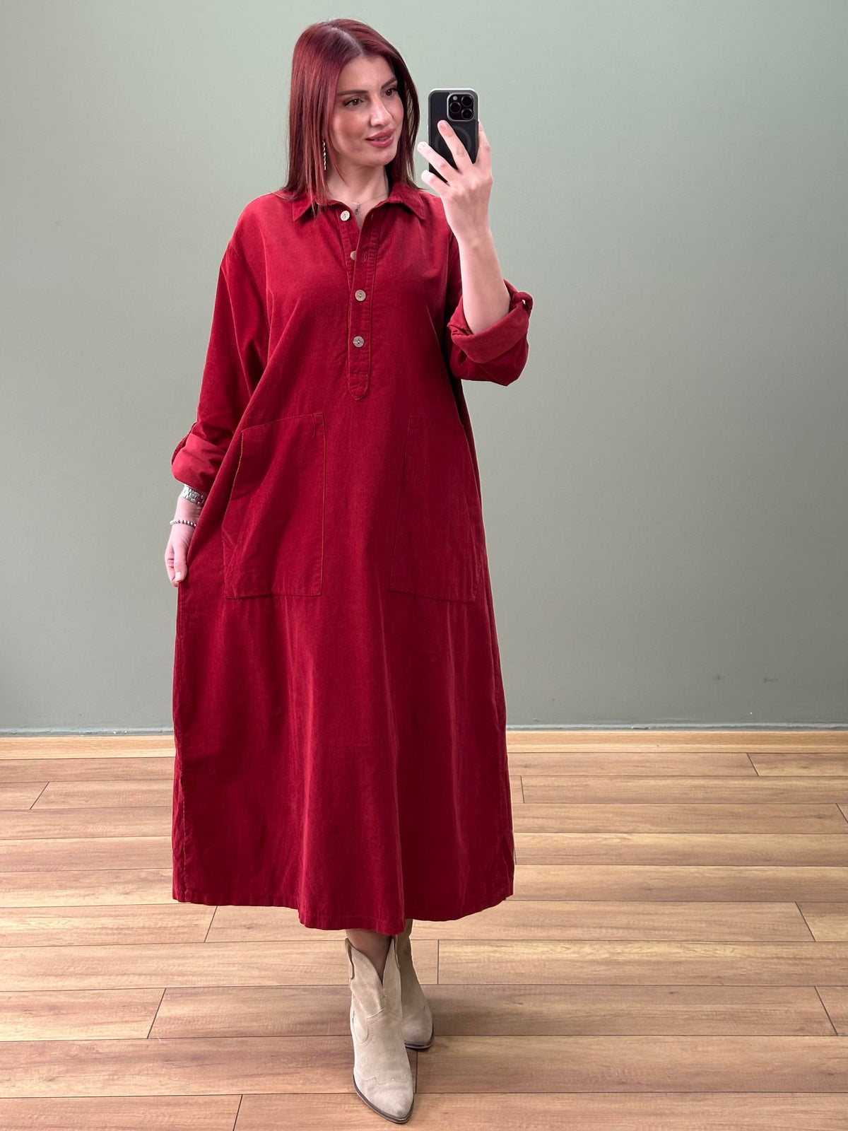 FİTİLLİ KADİFE ELBİSE BORDO