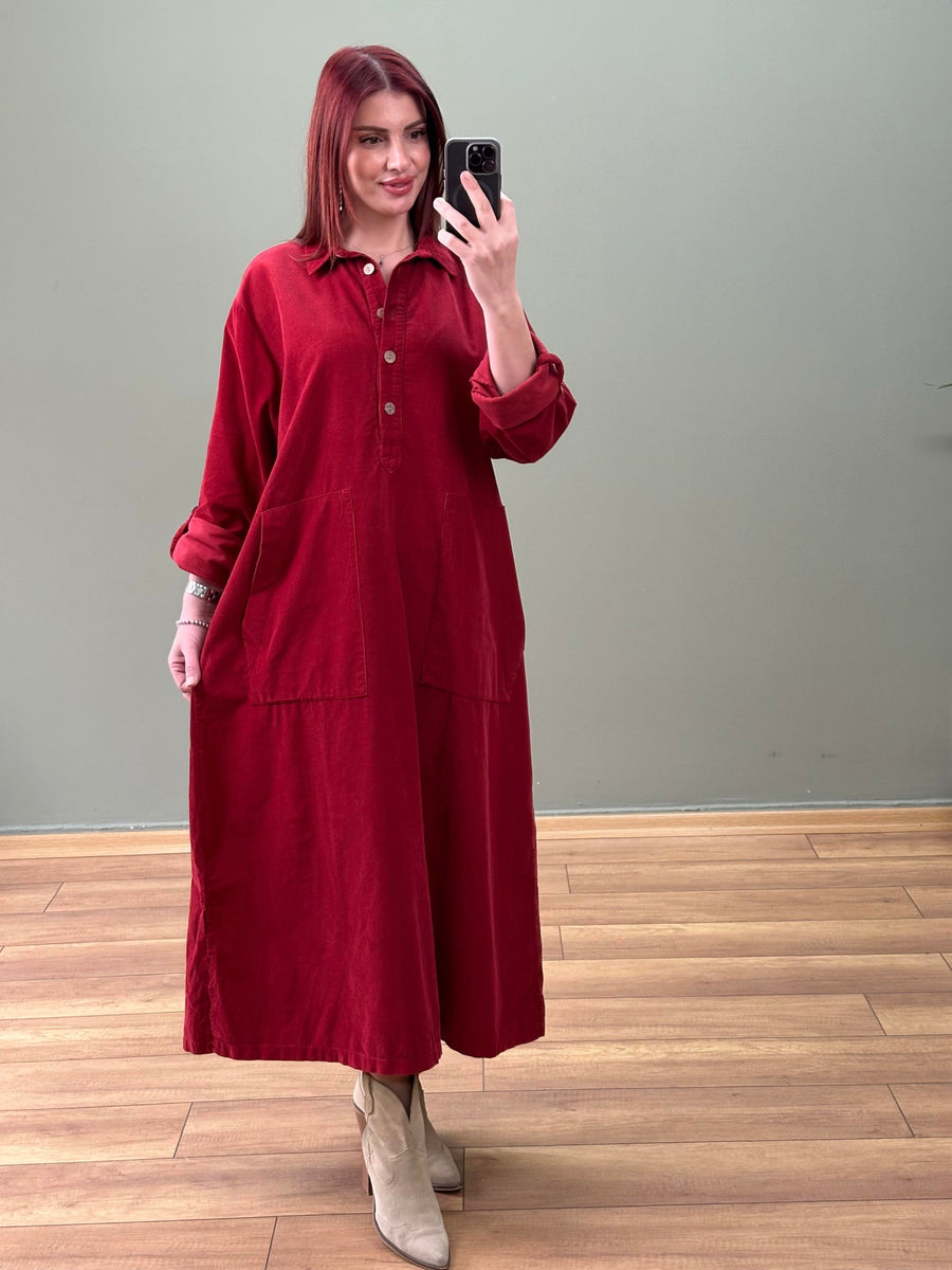 FİTİLLİ KADİFE ELBİSE BORDO