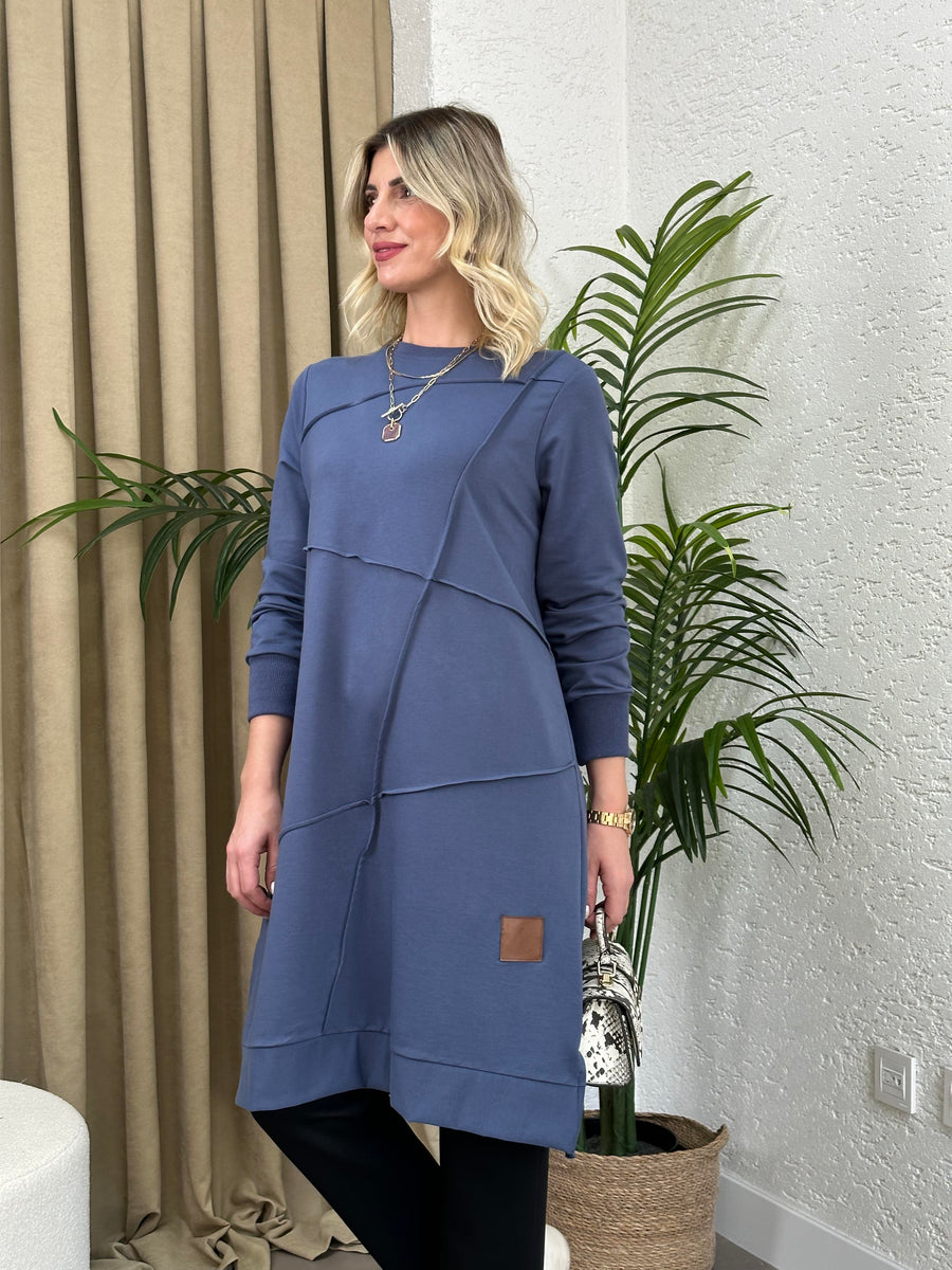 GEOMETRİK DİKİŞLİ ARMALI SWEAT TUNİK İNDİGO MAVİ