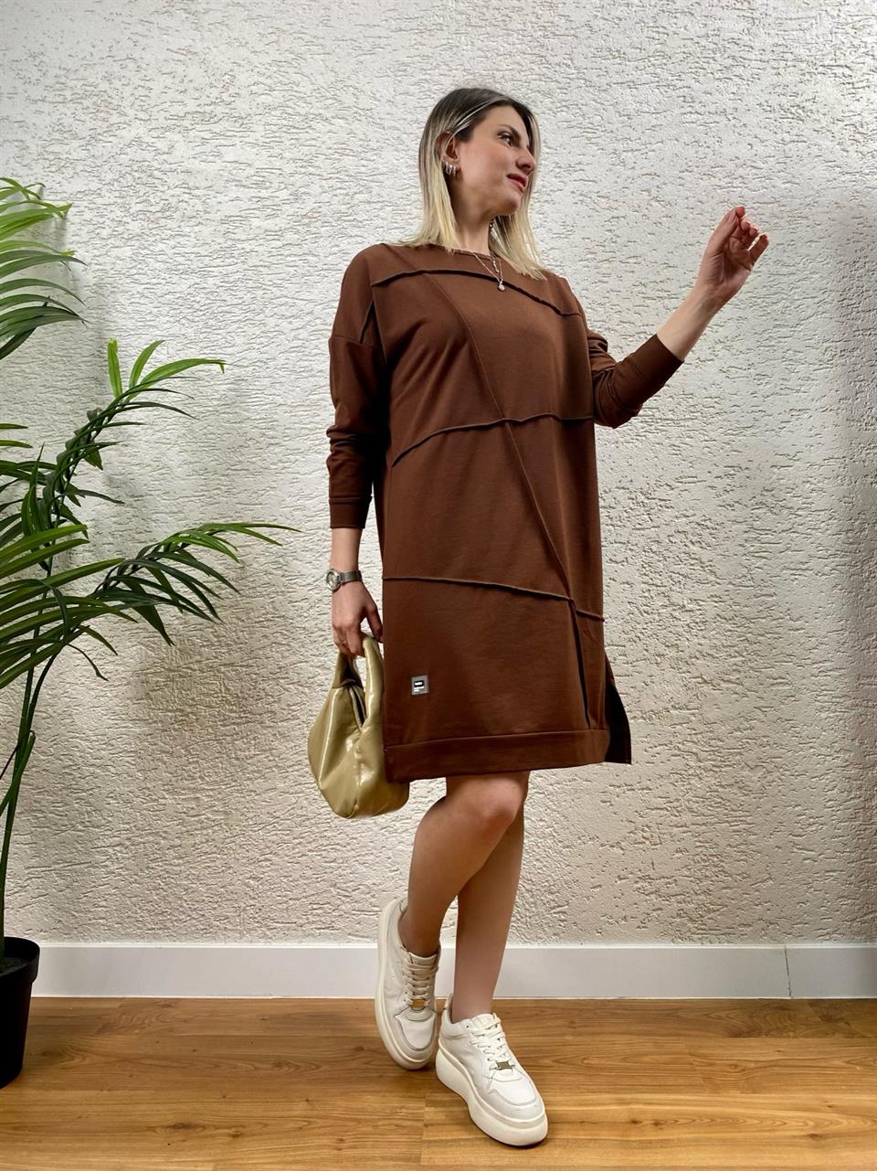 GEOMETRİK DİKİŞLİ ARMALI SWEAT TUNİK KAHVE