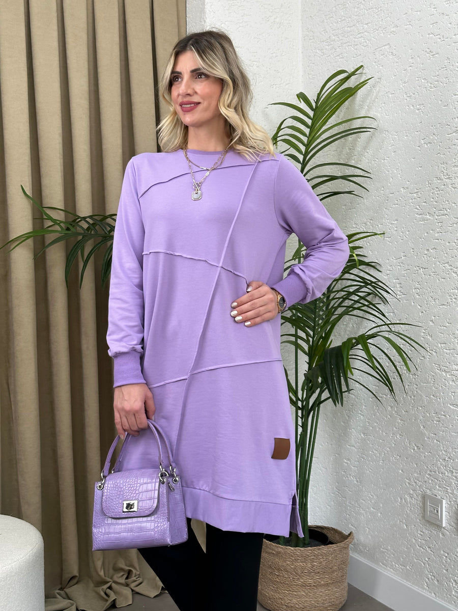 GEOMETRİK DİKİŞLİ ARMALI SWEAT TUNİK LİLA