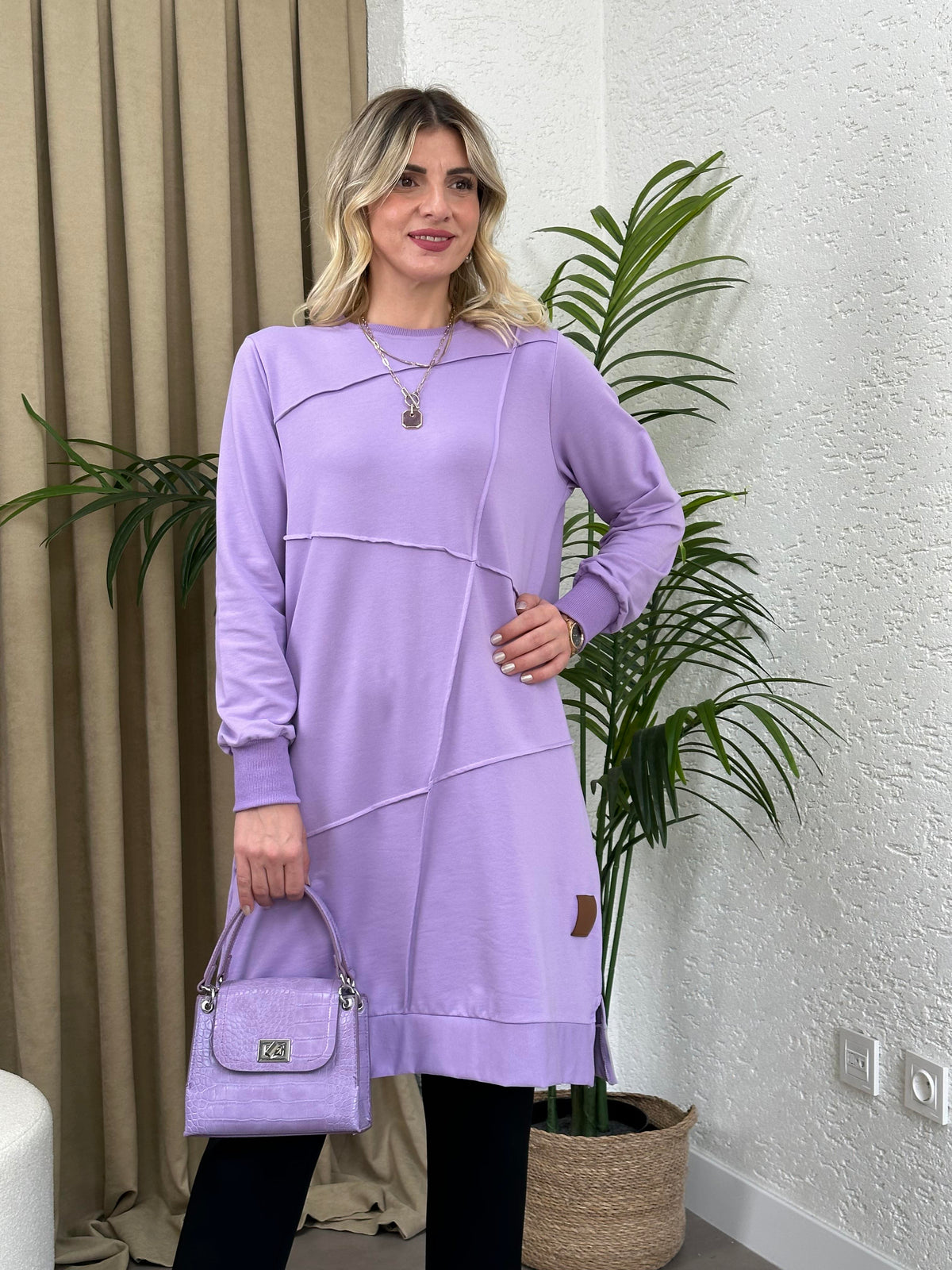 GEOMETRİK DİKİŞLİ ARMALI SWEAT TUNİK LİLA