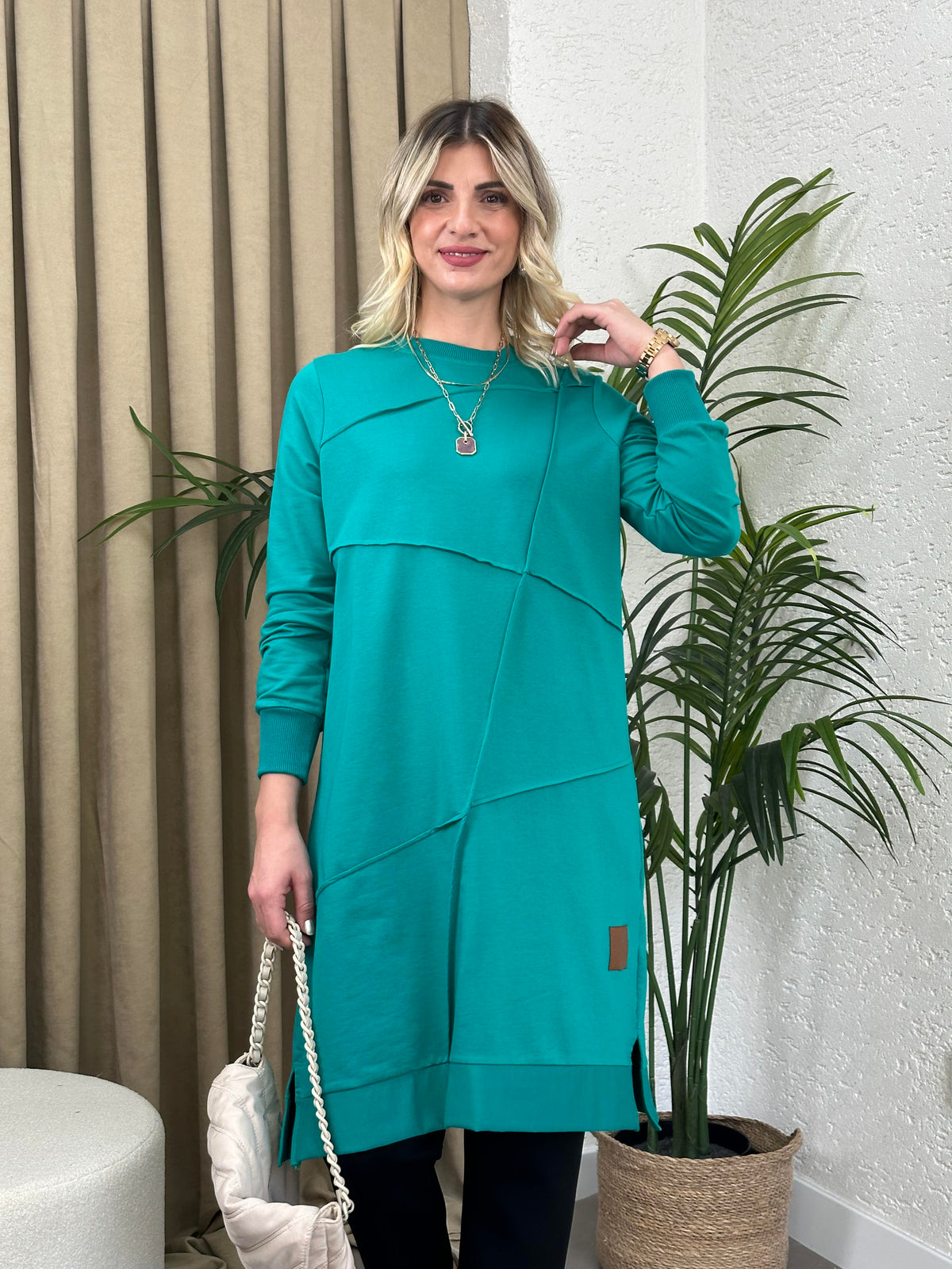 GEOMETRİK DİKİŞLİ ARMALI SWEAT TUNİK PETROL YEŞİL