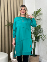 GEOMETRİK DİKİŞLİ ARMALI SWEAT TUNİK PETROL YEŞİL