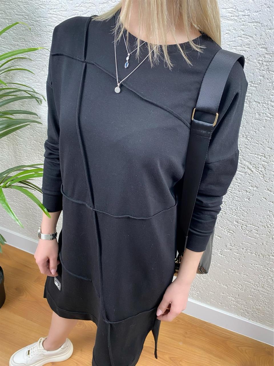 GEOMETRİK DİKİŞLİ ARMALI SWEAT TUNİK SİYAH