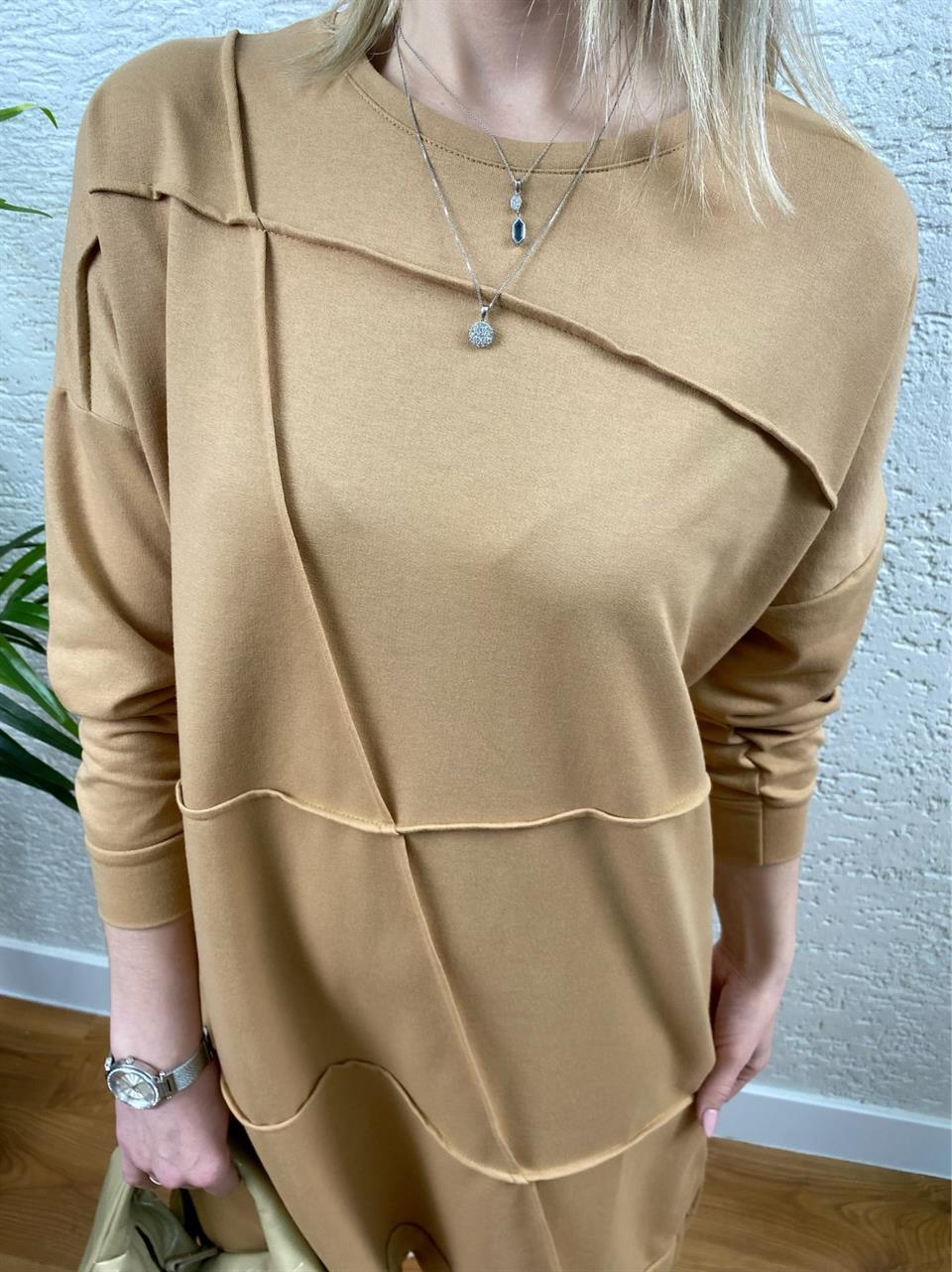 GEOMETRİK DİKİŞLİ ARMALI SWEAT TUNİK SÜTLÜ KAHVE