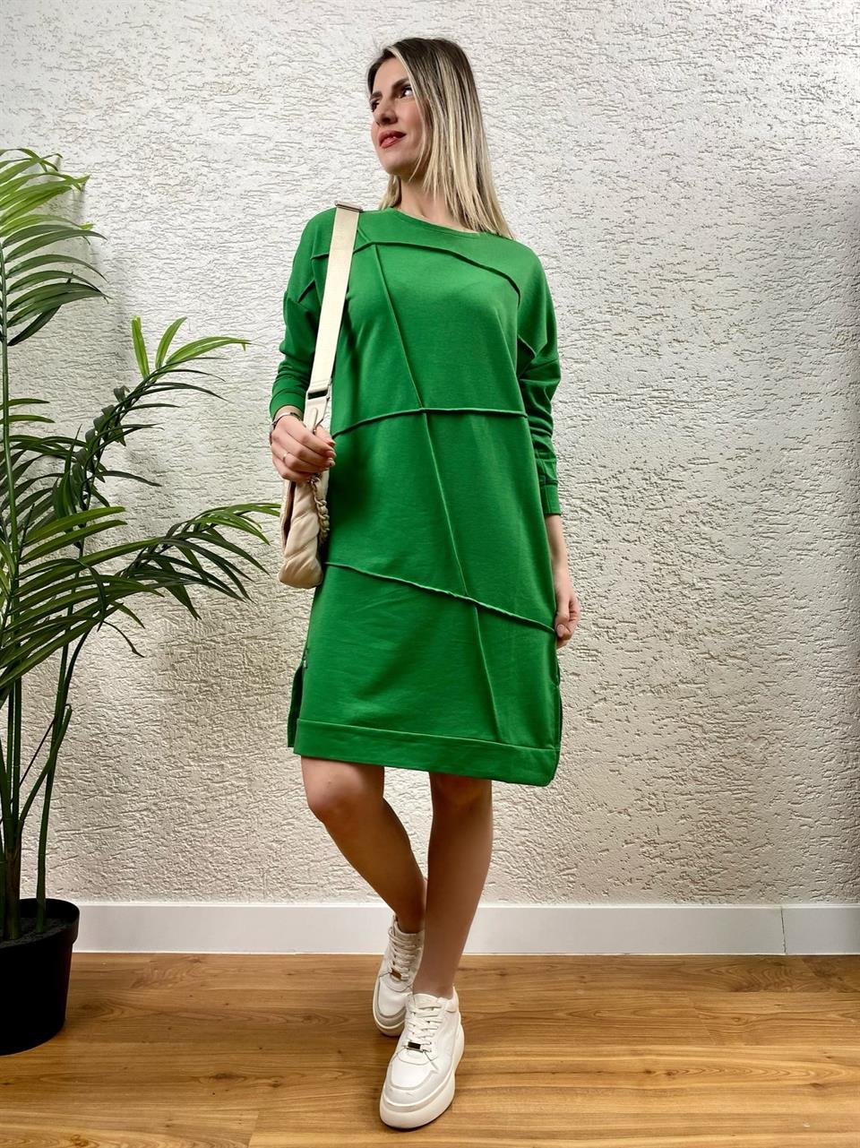 GEOMETRİK DİKİŞLİ ARMALI SWEAT TUNİK YEŞİL